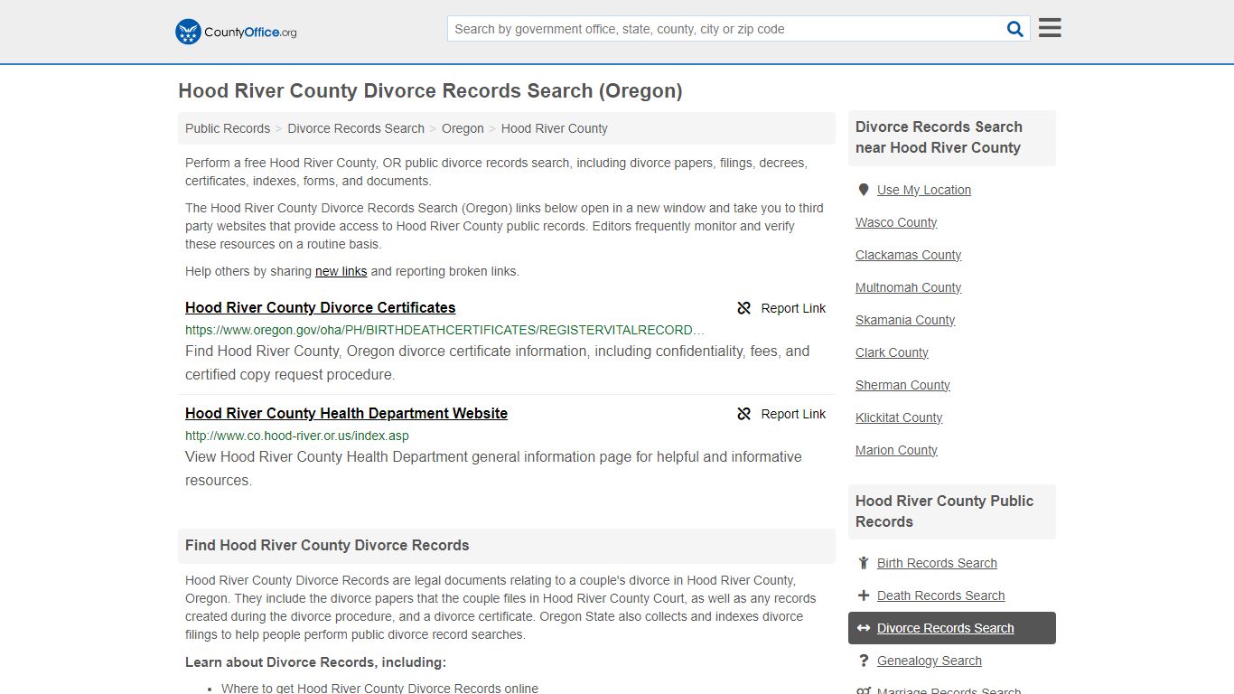Hood River County Divorce Records Search (Oregon) - County Office
